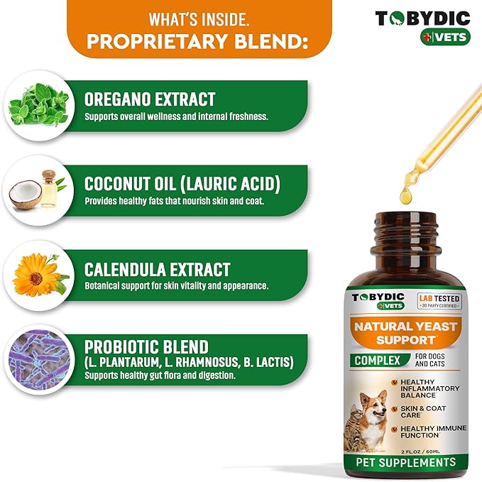 Natural Cats & Dog Yeast Infection Relief - Itchy Skin & Ear Treatment - Reduces Irritation & Relieves Itching and Allergy - Herbal Medicine Drops Supplement - Made in USA