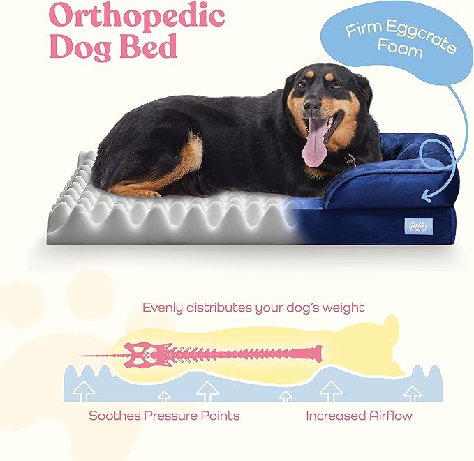Orthopedic Sofa Dog Bed - Ultra Comfortable Dog Bed for Large Dogs - Breathable & Waterproof Pet Bed- Egg Foam Sofa Bed with Extra Head and Neck Support - Removable Washable Cover with Nonslip Bottom