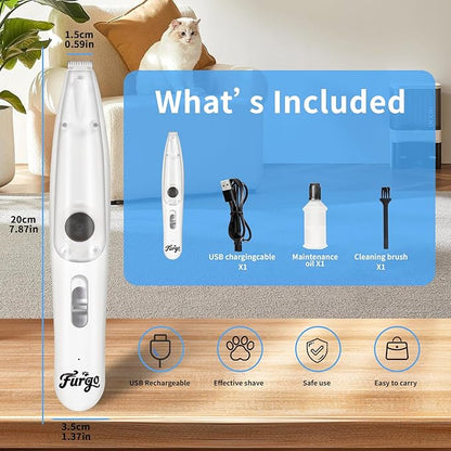 FURGO Dog Paw Clippers with LED Light, Cordless Low Noise 2-Speed Pet Grooming Trimmer, Rechargeable Dog Clippers for Paws, Face, Ears, Eyes, with Vacuum Hair Storage and Suction