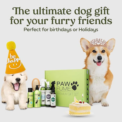 Pawfume Dog Gift Basket, 6-Piece Box – Give Your Pup a Spa-Quality Coat & Odor-Free Freshness – Probiotic Deodorizer Spray, Hypoallergenic Grooming Mist & Premium Brush – Dog Gift Boxes for All Breeds