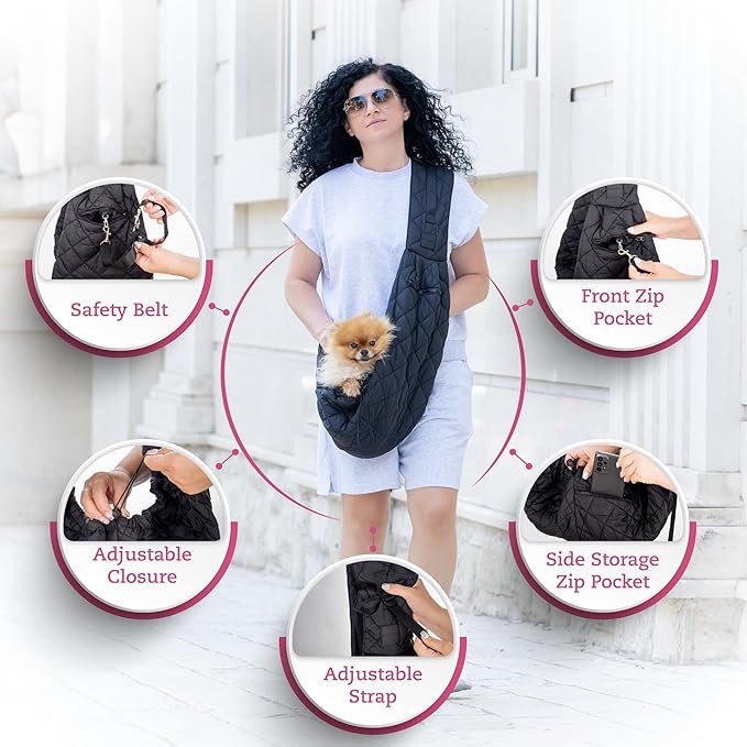 Dog and Cat Sling Carrier for Small Medium Puppy & Kitten Carrying, Wearable Crossbody Purse Bag with Adjustable Size and Shoulder Strap, Safety Clip, Two Zip Pockets (Black)
