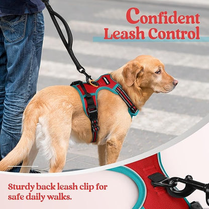 rabbitgoo Dog Harness No Pull with 2 Leash Clips, Adjustable Soft Padded, Reflective Oxford No Choke Pet Vest with Easy Control Handle for Medium Sized Dogs, Red & Teal, M