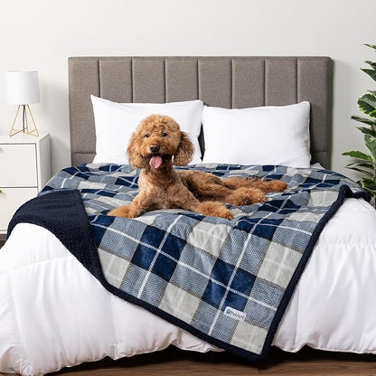 PetAmi WATERPROOF Dog Blanket for Medium Large Dog, Pet Puppy Blanket Couch Cover Protection, Sherpa Fleece Cat Blanket, Sofa Bed Furniture Protector Reversible Soft Plush Washable, 60x40 Plaid Navy