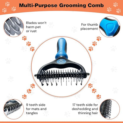 Pret & Lively 2 in 1 Pet Hair Dematting Tool, Tough Mats and Tangles, Undercoat Rake Comb, Dogs, Cats, Rabbits, Hairy Pets, Holiday Gift, Professional Grooming Brush For Deshedding, Extra Wide (Blue)