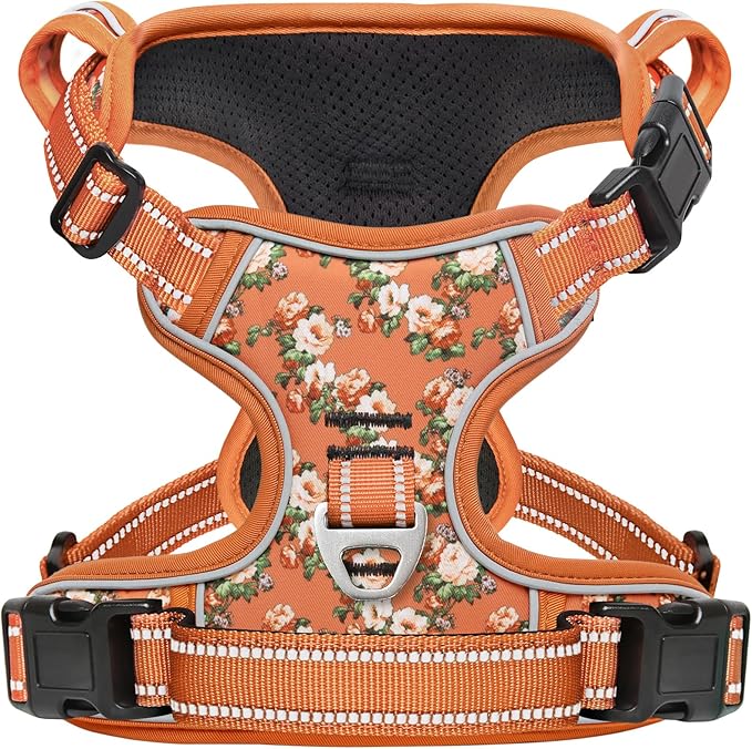 Timos Dog Harness for Large Dogs, No Pull Service Vest with Reflective Strips and Control Handle,No Choke Dog Harness with 2 Metal Rings for Easy Walking,Outdoor Training,Flower Orange, L