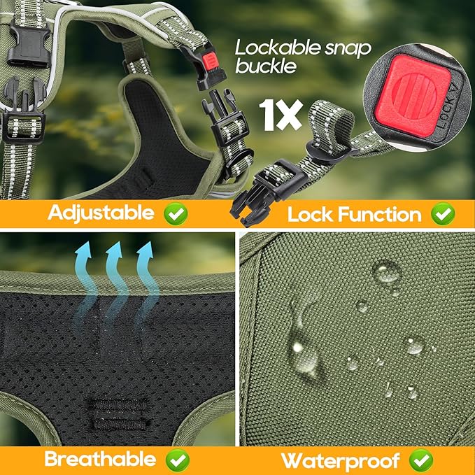 Timos Dog Harness Small Sized, No Pull Pet Harness with Neck Lockable Snap,No Choke Front Clip Dog Reflective Vest,Adjustable Metal Rings 3 Buckles,Easy Control Handle for Small Dogs Green S