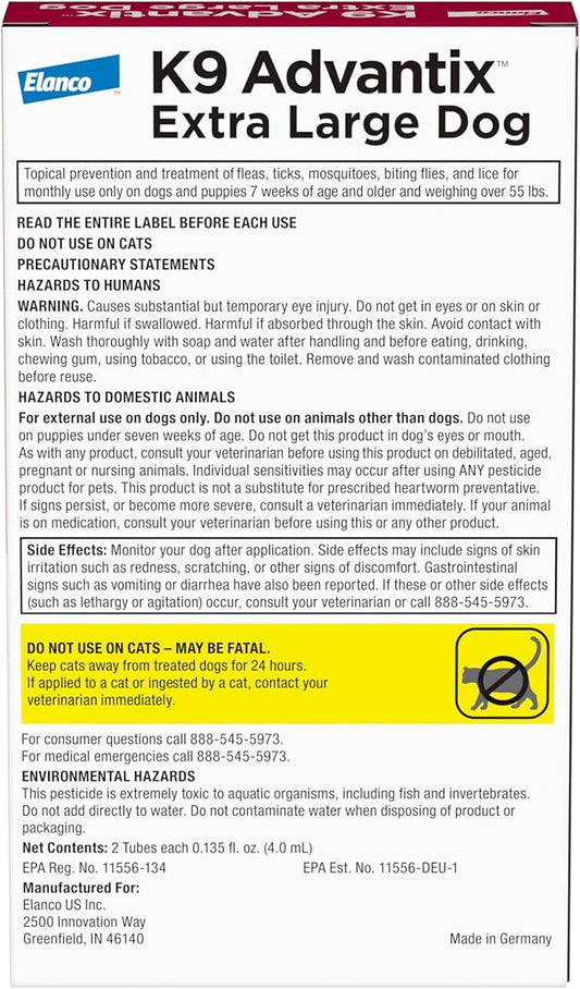 K9 Advantix Flea, Tick & Mosquito Prevention for Dogs Over 55 lbs. | Flea Drops for Extra Large Dogs | Apply Monthly | 2 Treatments