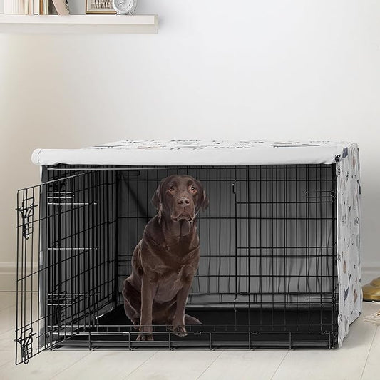 Sweet Jojo Designs Cartoon Puppy Print Dog Crate Cover – Kennel Covers for 42 Inch Pet Cage Medium/Large - Neutral Grey Taupe Blue White Modern Bulldog Wiener Doggy Paw Print Gray