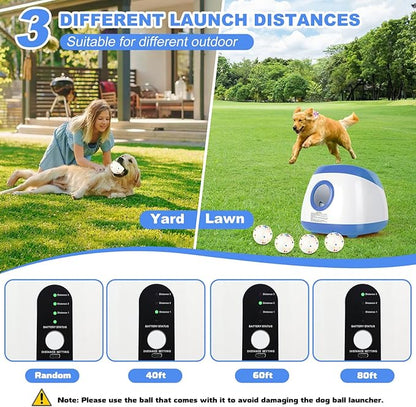 Automatic Ball Launcher for Dogs, 40-80Ft Distance Dog Ball Thrower Launcher, Rechargeable Automatic Dog Balls Launchers with 4 Balls (2.5"), Remote Control Thrower for Medium/Large Dogs (Blue)