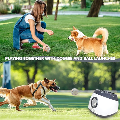 Automatic Dog Ball Launcher, Upgraded Interactive Dog Balls Thrower with 3 Distance 29Ft-79Ft, Remote Control Ball Launcher for Medium&Large Dogs, 5 Etpu Balls Included (Silver Grey