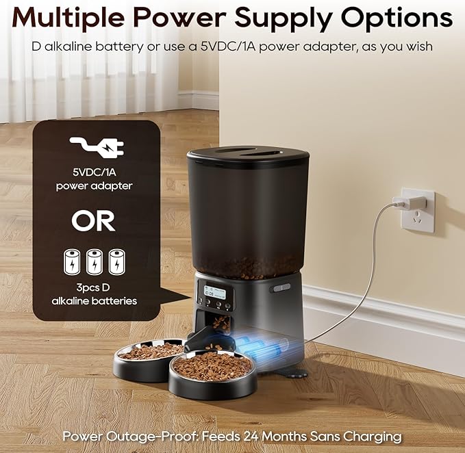 Automatic Cat Feeder for 2 Cats, 6L Timed Cat Dry Food Dispenser Dog Feeder up to 6 Meals & 30 Portions per Day,10S Voice Record,Flexible Schedule Timer Pet Feeder for Small Dogs, Black