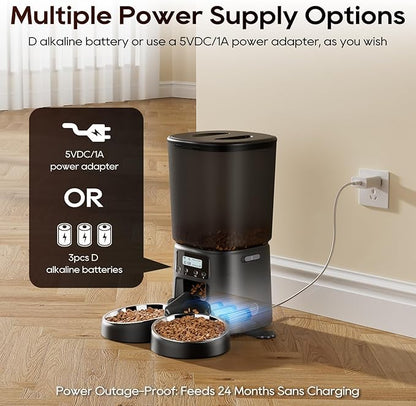 Automatic Cat Feeder for 2 Cats, 6L Timed Cat Dry Food Dispenser Dog Feeder up to 6 Meals & 30 Portions per Day,10S Voice Record,Flexible Schedule Timer Pet Feeder for Small Dogs, Black