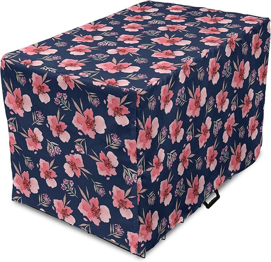 Ambesonne Watercolor Dog Crate Cover, Nature Inspired Composition with Pink Garden Flora Vintage Petals, Easy to Use Pet Kennel Cover for Medium Large Dogs, 36 Inch, Navy Blue Coral