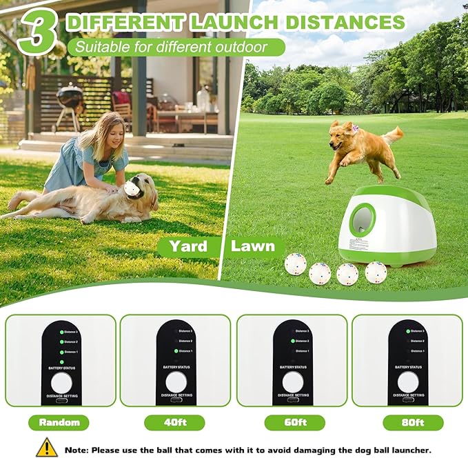 Automatic Ball Launcher for Dogs, 40-80Ft Distance Dog Ball Thrower Launcher, Rechargeable Automatic Dog Balls Launchers with 4 Balls (2.5"), Remote Control Thrower for Medium/Large Dogs (Green)