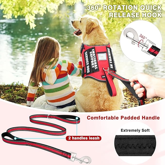 Service Dog Vest Harness and Leash Set+10 Patches,No Pull&Adjustable Reflective Dog Harness with Soft Padded Handle for Training/Everyday,Fit Small/Medium/Large/Extra-Large Dogs(Red XL)