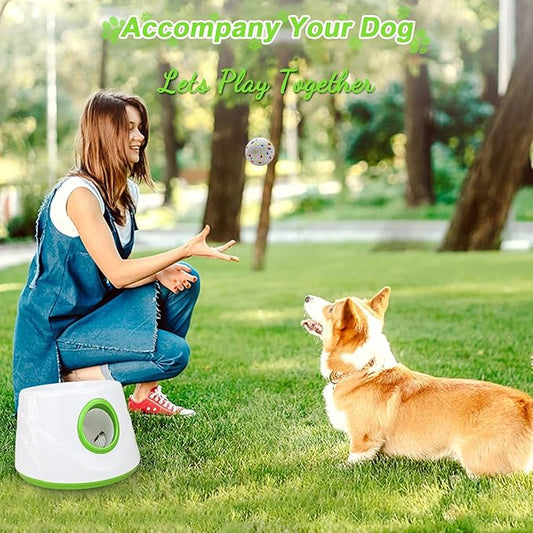 Compact Automatic Ball Launcher for Dogs with Random Mode, 3 Settings to 45FT, Rechargeable Small Dog Ball Thrower with 4 ETPU Tennis Balls for Small Medium Breeds