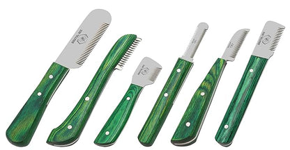 Brutul Bee Dog Grooming Coat Stripping Knife Stripper Trimmer Tool Wooded Handle Stripping Knives Set of 6 in Stainless Steel Non-Slip Tools for Grooming Dogs (Green)