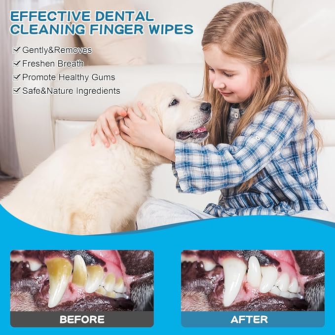 Dog Teeth Cleaning Wipes Nature Pet Dental Finger Wipes for Dogs Cats Remove Bad Breath,Reduce Plaque and Tartar Buildup Disposable Gentle Pet Dental Care-50Ct
