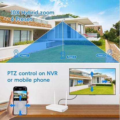 MMQ 【 Auto Track &10x Hybrid Zoom】 Dual Lens WiFi Security Camera System, 4PCS Wireless Cameras Outdoor with 1T HDD,10CH Expandable 5MP NVR, PTZ 2-Way Audio,Color Night Vision, Compatible with Alexa