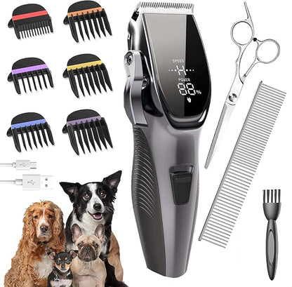 Dog Clippers Low Noise for Grooming,4 in 1 Dog Grooming Kit with 2 Speed,6 Guards,Scissors,Comb for Small Medium Large Pets Dogs Cats Thick Hair Cutting Light Pewter