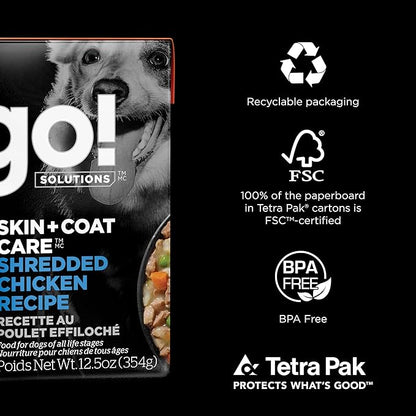 GO! SOLUTIONS Skin + Coat Care Wet Dog Food - Shredded Chicken Recipe with Grains - Complete & Balanced Nutrition for All Life Stages, 12.5 oz (Pack of 4)