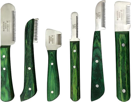 Massive Bee Store® Dog Grooming Coat Stripping Knife Stripper Trimmer Tool Wooded Handle tripping Knives Set of 6 in Stainless Steel non slip tool for grooming dogs (Green)
