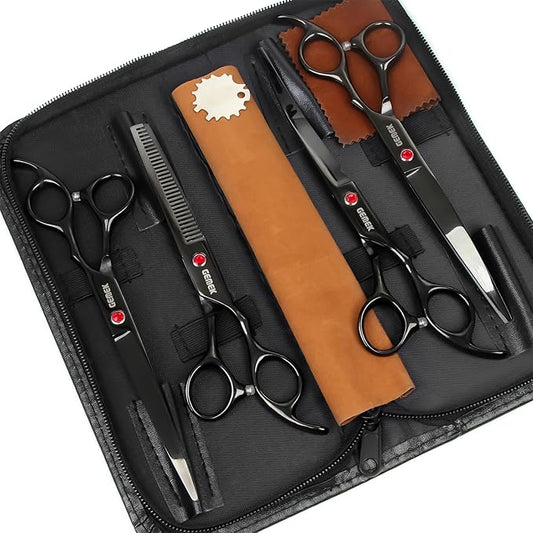 7.0in Titanium Professional Dog Grooming Scissors Set, GEMEK 6 in 1 Straight & Thinning & Upwards Curved & Downwards Curved Scissors & Comb for Dogs, Cats and Other Animals