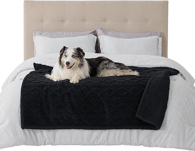 Bedsure Waterproof Dog Blankets for Large Dogs - Pet Blanket for Couch Protector Washable, Premium Jacquard Coral Fleece Cat Throw Blanket, Soft Plush Reversible Furniture Protection, 50"x60", Black