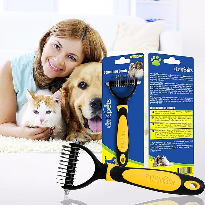 DakPets All-In-One Pet Grooming Tool | Metal Undercoat Rake, Dematting & Detangling Comb, Fur Shedding Blade, and Grooming Brush | For Medium to Long-Haired Pets