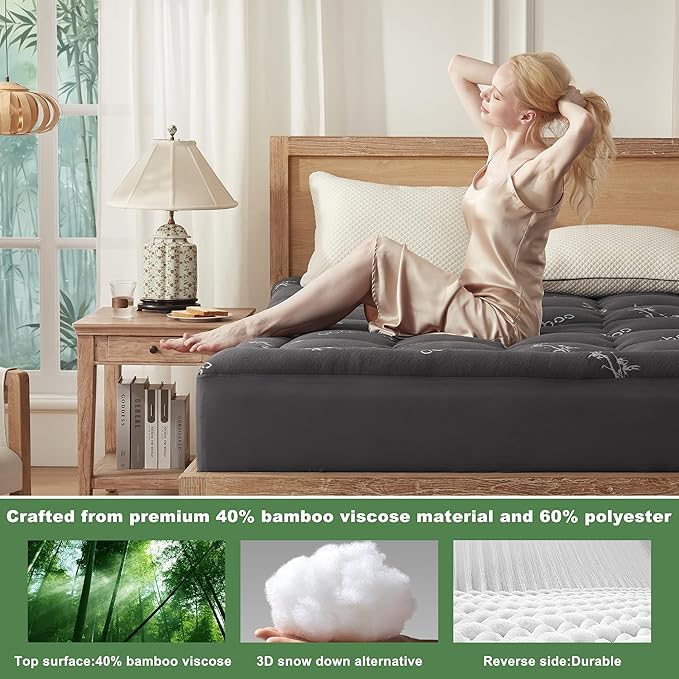 BEDLORE King Mattress Topper Viscose Derived from Bamboo, Thick Pillow Top Mattress Pad with Stretchable Pockets for 6"-18" Mattress, Soft Breathable Mattress Topper for Back Pain Relief(Dark Gray)
