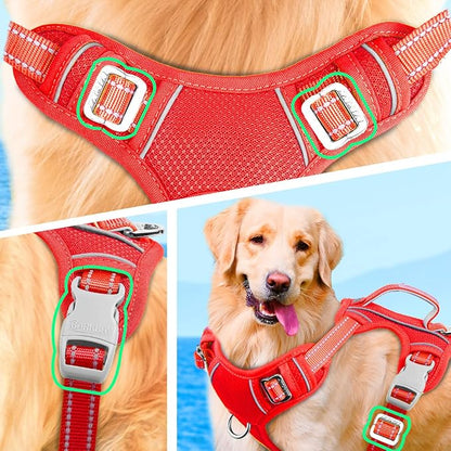 BARKBAY No Pull Dog Harness Large Reflective Dog Harness with Front Clip and Easy Control Handle for Walking Training Running with ID tag Pocket(Red,S)