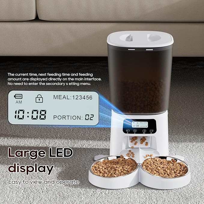 Automatic Cat Feeder for 2 Cats, 6L Timed Cat Dry Food Dispenser Dog Feeder up to 6 Meals & 30 Portions per Day,10S Voice Record,Flexible Schedule Timer Pet Feeder for Small Dogs, White