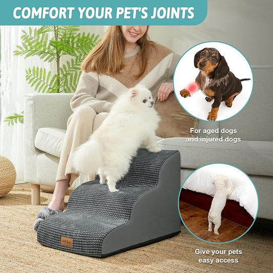 Dog Stairs for Small Dogs, Curved Pet Step with Leakproof Cover, High Density Foam Cat Ramp for Bed or Sofa, Lightweight, Durable, Comfort, 15.7x22.4x15.7 inch, 3 Tiers, Dark Grey