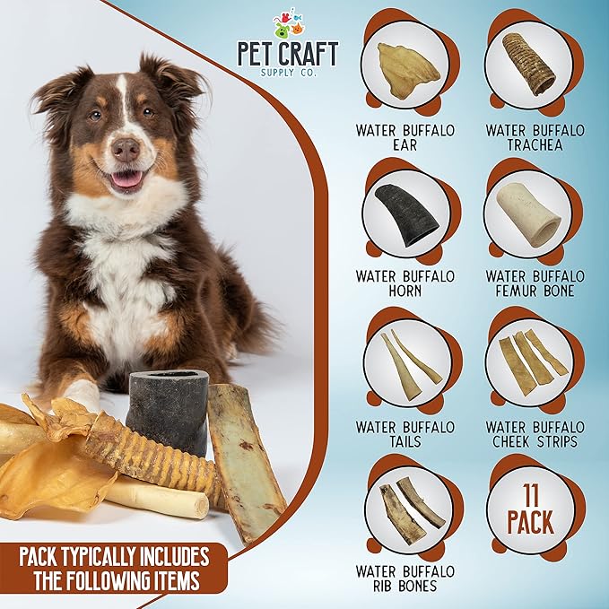 Pet Craft Supply Pure Natural Grass Fed Grain Free Water Buffalo Variety Pack of 11 Durable Tough Dog Chew for Aggressive Chewers and Puppies, Black
