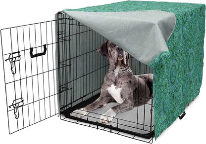 Lunarable Emerald Dog Crate Cover, Mandala Pattern with Soft Color Pattern Complex Motif Eastern Geometric Style, Easy to Use Pet Kennel Cover for Medium Large Dogs, 48 Inch, Green Blue