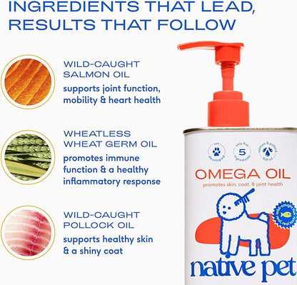 Native Pet Omega 3 Fish Oil for Dogs & Cats - Promotes Healthy Skin, Shiny Coat, & Strong Joints - Made with Wild Alaskan Salmon Oil for Dogs – Tasty, Fast-Absorbing Omega 3 6 9 Liquid Supplement- 8oz