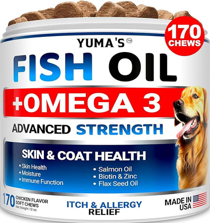 Omega 3 Fish Oil for Dogs - 170 Chews - Skin and Coat Supplement - Omega 3 for Dogs - Dry & Itchy Skin Relief Treatment - Allergy Support Dog Anti Shedding Treats - Salmon - EPA & DHA - Chicken Flavor
