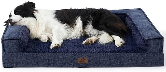 Bedsure Orthopedic Dog Bed for Large Dog - Supportive Egg Foam Dog Sofa Bed, Bolster Couch Pet Bed with Removable Waterproof Washable Cover, Comfy Plush Velvet Fluff Surface, Nonskid Bottom, Deep Blue