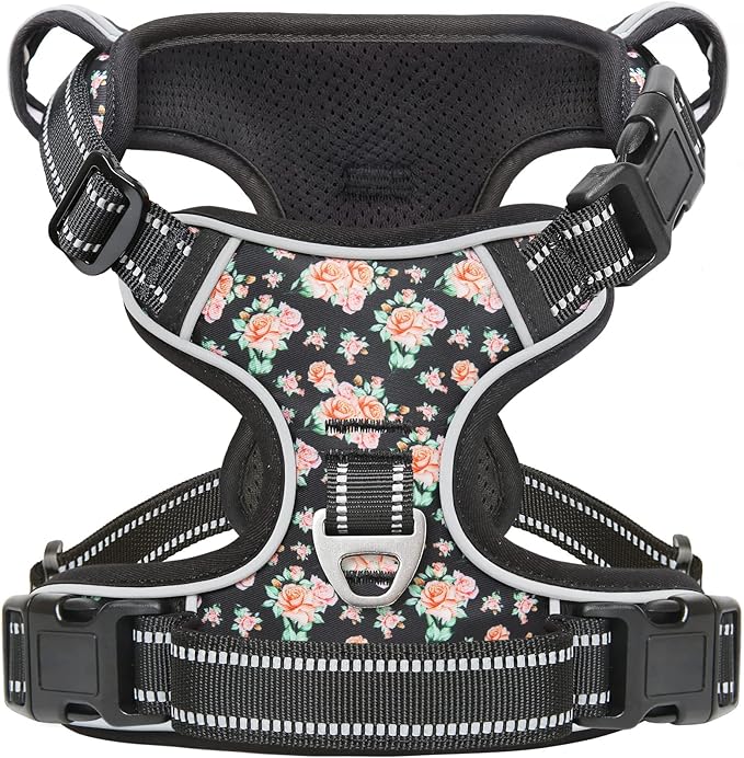Timos Dog Harness, 3 Snap Buckles No-Pull Soft Padded Dog Vest with 2 Metal Leash Clips,Adjustable Reflective No Choke Pet Harness with Easy Control Handle for Small Dogs,Black Rose,S