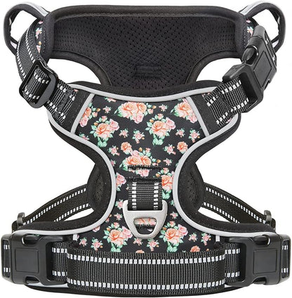 Timos Dog Harness, 3 Snap Buckles No-Pull Soft Padded Dog Vest with 2 Metal Leash Clips,Adjustable Reflective No Choke Pet Harness with Easy Control Handle for Small Dogs,Black Rose,S