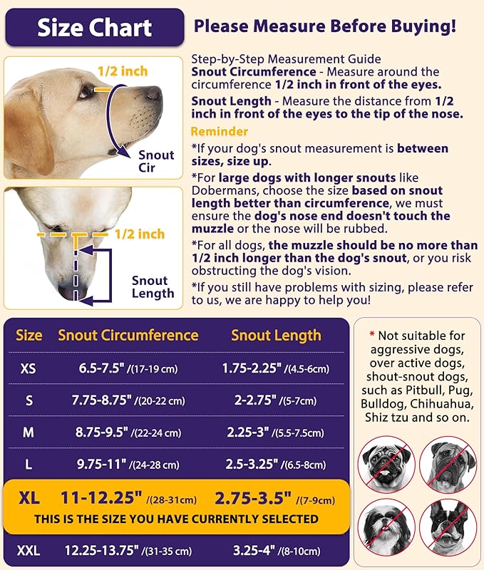 LUCKYPAW Dog Muzzle, Mesh Muzzle for Large Medium Small Dogs with Front Opening Design, Dog Mouth Cover to Prevent Biting, Licking, Chewing, Scavenging, Allows Drinking (XL-Snout:11-12¼", Purple)