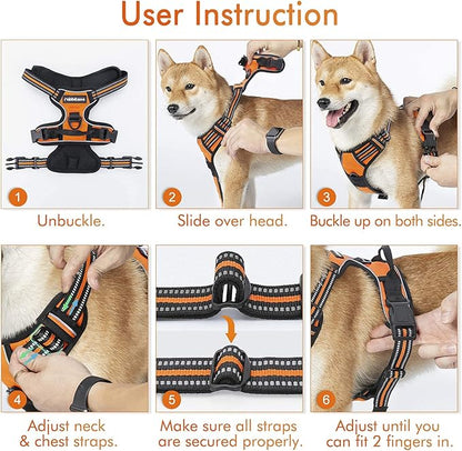 rabbitgoo Dog Harness No Pull with 2 Leash Clips, Adjustable Soft Padded, Reflective Oxford No Choke Pet Vest with Easy Control Handle for Large Dogs, Orange, XL
