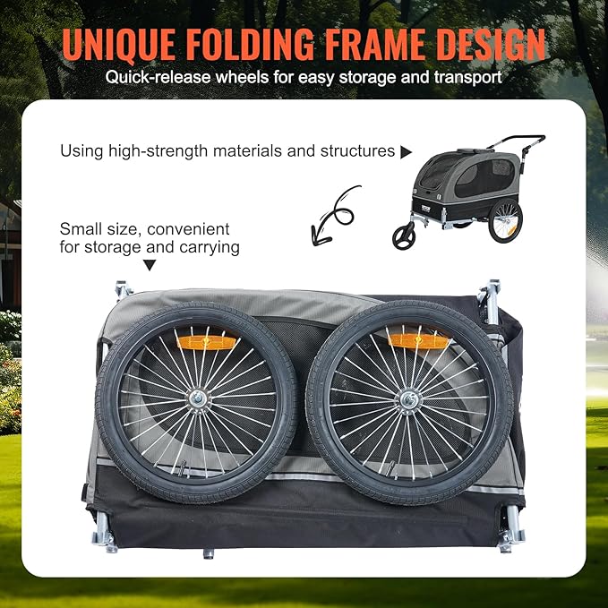VEVOR Dog Bike Trailer, Supports up to 88 lbs, 2-in-1 Pet Stroller Cart Bicycle Carrier, Easy Folding Cart Frame with Quick Release Wheels, Universal Bicycle Coupler, Reflectors, Flag, Black/Gray