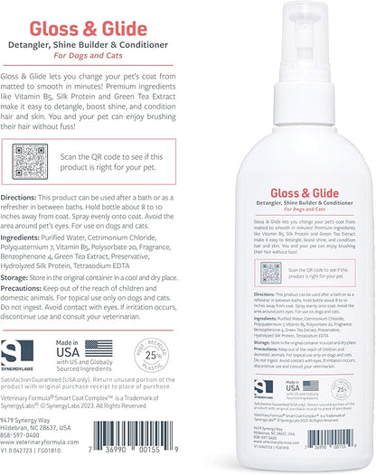 Veterinary Formula Smart Coat Complex Gloss & Glide Detangler, 8 Fl oz – Shine Builder, Conditioner Spray for Dogs – Quickly Detangles Matted Hair – with Silk Protein and Antioxidants