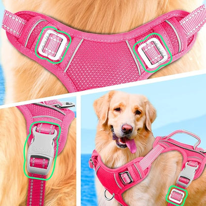 BARKBAY No Pull Dog Harness Large Reflective Dog Harness with Front Clip and Easy Control Handle for Walking Training Running with ID tag Pocket(Pink,M)