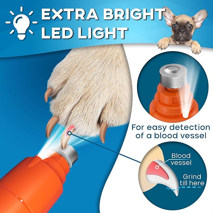 Low Vibration Dog Nail Grinder with LED Light, Rechargeable Dog Nail Trimmers for Large Dogs, Medium & Small Dogs, Professional 2-Speed Pet Nail Grinder for Dogs