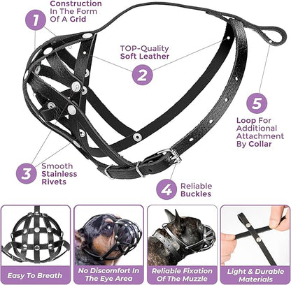 Soft Leather French Bulldog Muzzle – Frenchie Muzzle for Biting and Grooming – Short Snout Dog Muzzle for Small Brachycephalic Breed Dogs: Pug, Shih Tzu, Bulldogs, Boston Terrier (S Size)