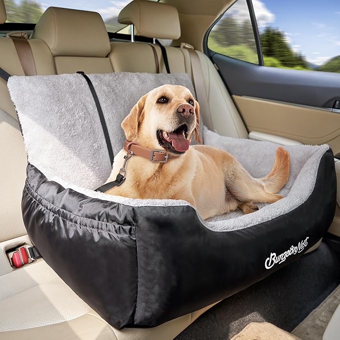 BurgeonNest Dog Car Seat for Small Dogs, Fully Detachable and Washable Dog Carseats Small Under 25, Soft Dog Booster Seats with Storage Pockets and Clip-On Leash Portable Dog Car Travel Carrier Bed