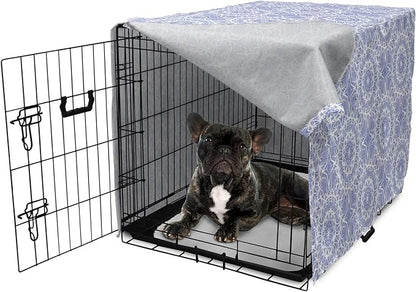 Lunarable Mandala Dog Crate Cover, Ceremonial Retro Minimal Far Eastern Pattern, Easy to Use Pet Kennel Cover for Cats & Medium Dogs, 24 Inch, Lavender Blue and White