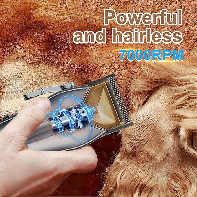 Dog Clippers for Grooming Low Noise Professional Pet Grooming Kit Rechargeable Cordless Electric Dog Hair Trimmer for Thick Coat High Power 7000RPM Pet Supplies for Dogs Cats Animals